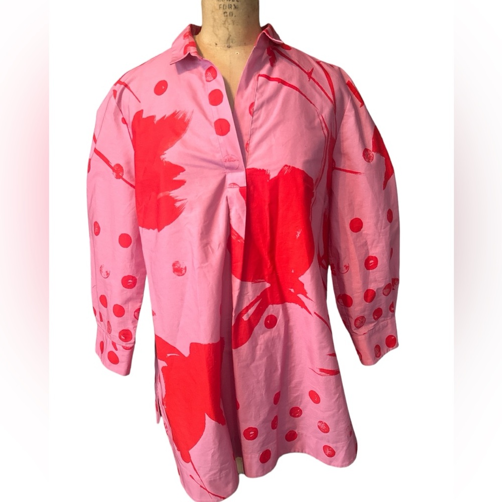 Piazza Sempione Pink Splatter Poplin Tunic Pullover Boxy Top Shirt Blouse 48 ITL